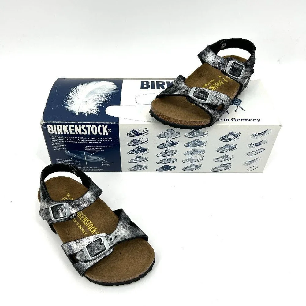 NIB BIRKENSTOCK Girls Kids Rio Black Silver Metallic Sandal Shoes Size 26 / 8